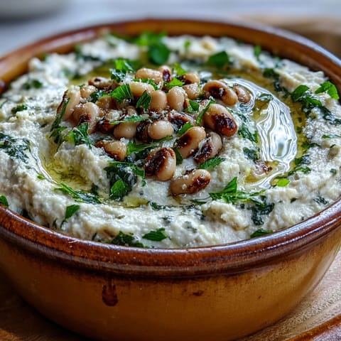 Earthy black-eyed peas mash with minced garlic and lemon zest in a rustic serving bowl for a healthy appetizer.