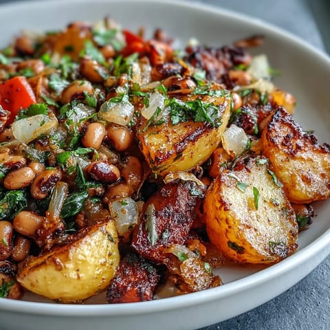 A close-up of the vegetarian Black-Eyed Pea Hash, garnished with fresh parsley, served warm from the oven.