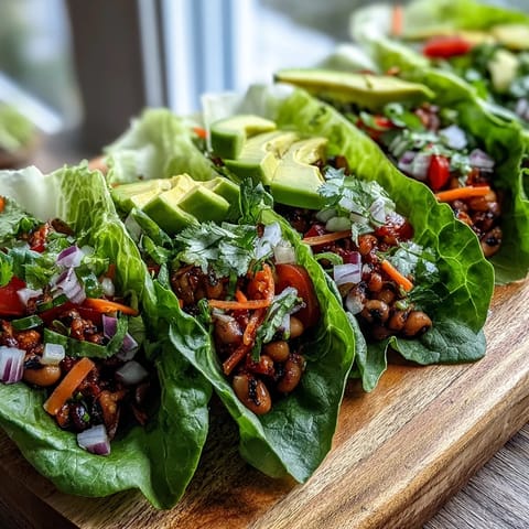 Fresh Black-Eyed Pea Lettuce Wraps filled with seasoned peas, diced bell peppers, and herbs, served on crisp lettuce leaves.