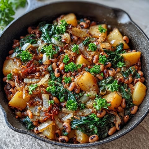 Golden Black-Eyed Pea Skillet Dinner with wilted spinach and diced potatoes in a rustic cast iron pan.