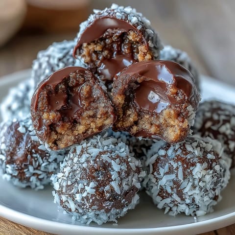 Rich Moose Bites truffles made with chocolate chips and shredded coconut on a rustic serving platter. 