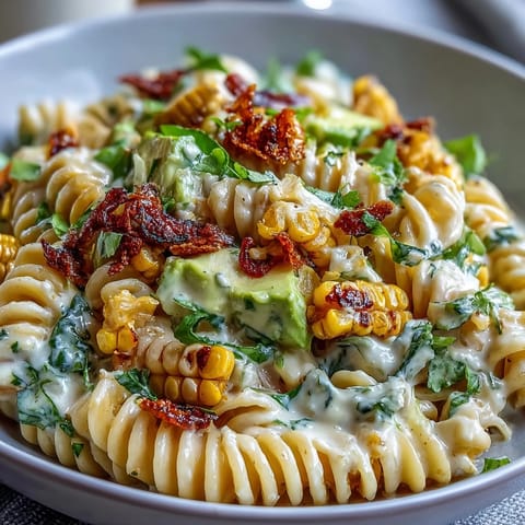 Creamy Street Corn Pasta Salad topped with torn basil and cilantro, drizzled with lime mayo and spicy chili butter.