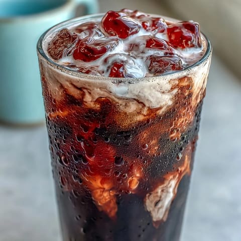 Tall glass of Midnight Malibu Dirty Soda with creamy coconut float and swirling blackberry syrup over ice.