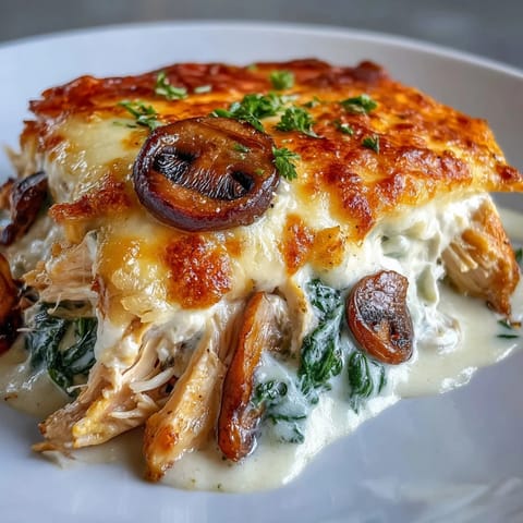 A slice of cheesy Chicken Spinach & Mushroom Low Carb Oven Dish reveals creamy sauce and tender veggies.