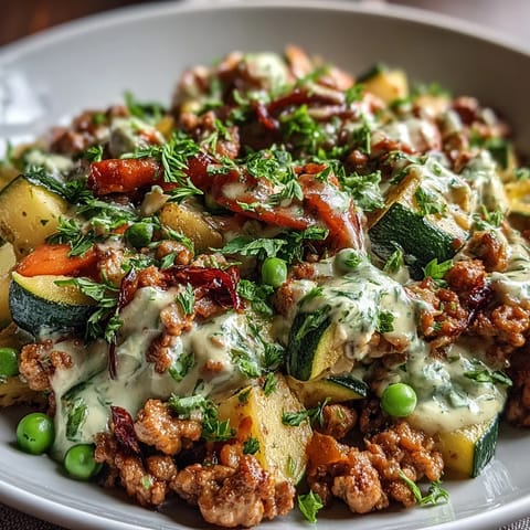 Serving suggestion of Creamy Ranch Turkey & Veggie Skillet spooned over fluffy white rice with fresh parsley garnish.