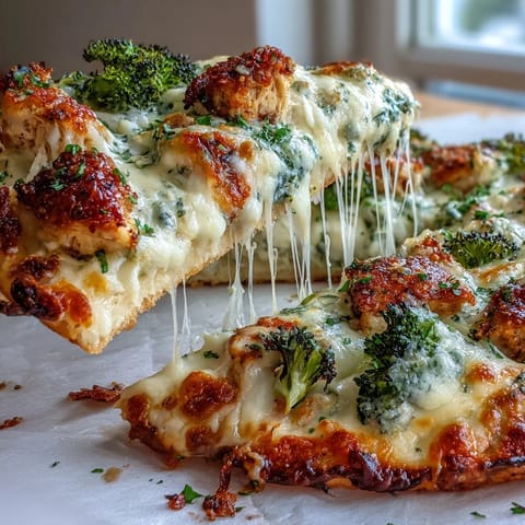 A single slice of Garlic Parmesan Chicken & Broccoli Pizza is lifted, revealing tender chicken and creamy white sauce under melted cheese.