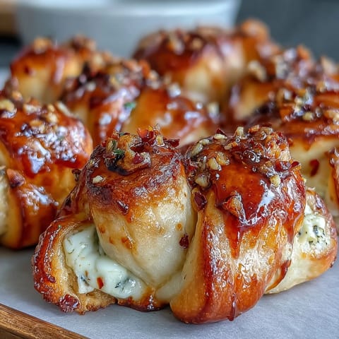 Perfectly golden-baked Hot Honey Ricotta Stuffed Garlic Knots with a spicy-sweet drizzle.