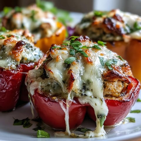 Golden, bubbly mozzarella melts over baked mini sweet peppers filled with creamy pesto chicken.