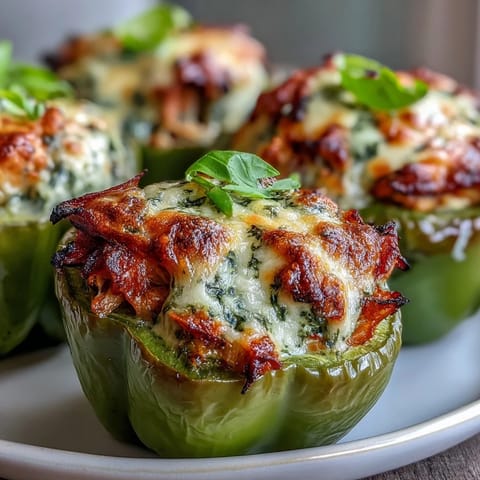Cheesy, bubbling Pesto Chicken Stuffed Sweet Peppers served warm for an easy gluten-free appetizer.