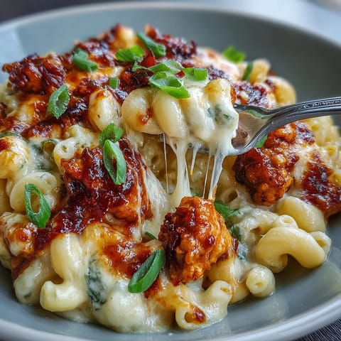 A close-up of Korean-Style Turkey Mac & Cheese revealing golden cheddar sauce and a savory gochujang turkey topping ready to serve.