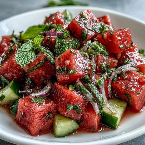 Freshly prepared Summer Watermelon Cucumber Mint Salad with juicy red cubes and crisp green slices, drizzled with zesty lime dressing in a white bowl.