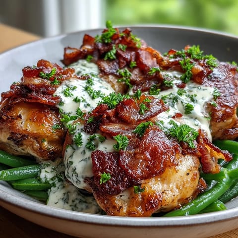 Sizzling Keto Bacon Ranch Chicken Thighs with Green Beans are garnished with fresh parsley and lemon wedges for a zesty finish.