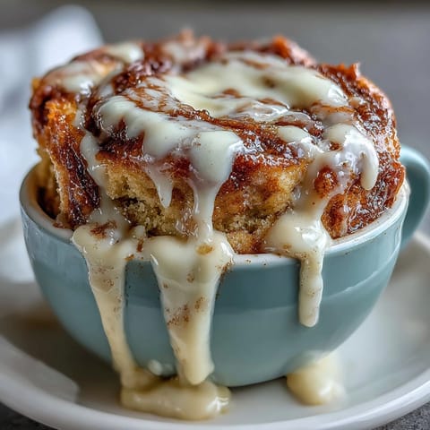 A high-protein cinnamon roll mug cake topped with creamy cream cheese frosting, swirled with cinnamon sugar for a quick breakfast treat.