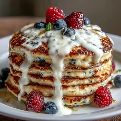 Fluffy berry protein pancakes topped with creamy Greek yogurt and fresh berries, perfect for a high-protein breakfast.
