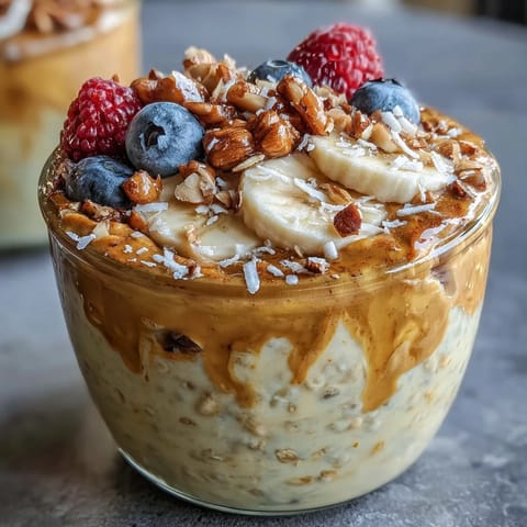 Vibrant golden milk overnight oats with turmeric, ginger, and cinnamon, topped with fresh berries and toasted coconut for a nourishing breakfast.