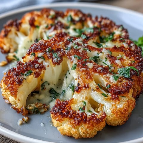 Keto Garlic Parmesan Roasted Cauliflower Steaks with crispy edges and golden Parmesan crust.  