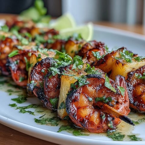 Grilled shrimp and pineapple skewers with cilantro lime marinade, showcasing juicy shrimp and caramelized pineapple on a hot grill.