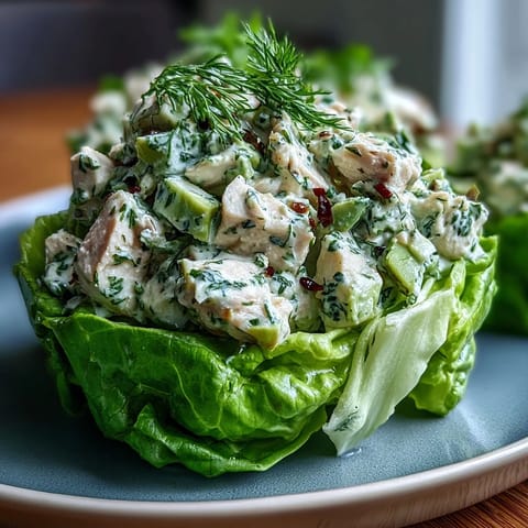 Creamy avocado and tender chicken tossed with fresh herbs, served in crunchy lettuce cups.  