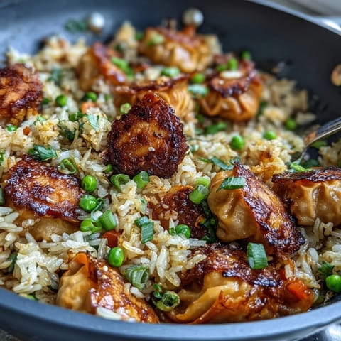 Fluffy jasmine rice stir-fried with leftover Trader Joe's dumplings, green onions, and sesame oil for a satisfying meal.  