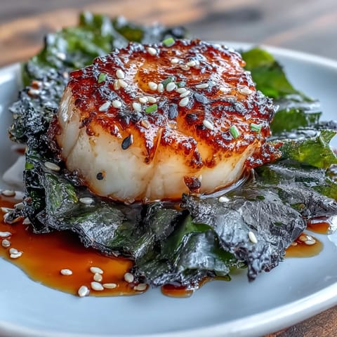 Seaweed-wrapped scallops seared golden brown with crisp nori and zesty ponzu sauce for dipping.
