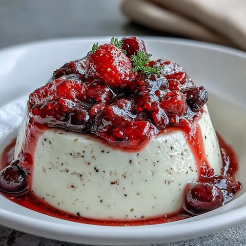 Silky cardamom panna cotta with berry compote, a creamy Italian dessert with warm spice and fresh fruit topping.