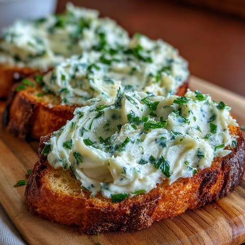 Creamy roasted garlic and herb butter spread on golden crostini, garnished with fresh parsley and chives.  