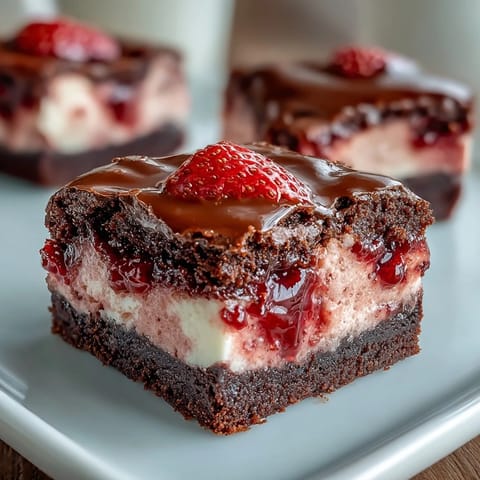 Decadent chocolate brownies swirled with creamy strawberry cheesecake, topped with fresh strawberries for a romantic dessert.