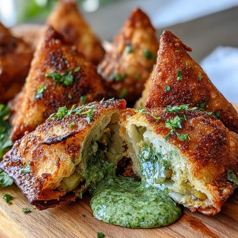 Spiced vegetable samosas air fried to perfection, golden and crunchy, paired with a tangy, fresh mint chutney for dipping.  