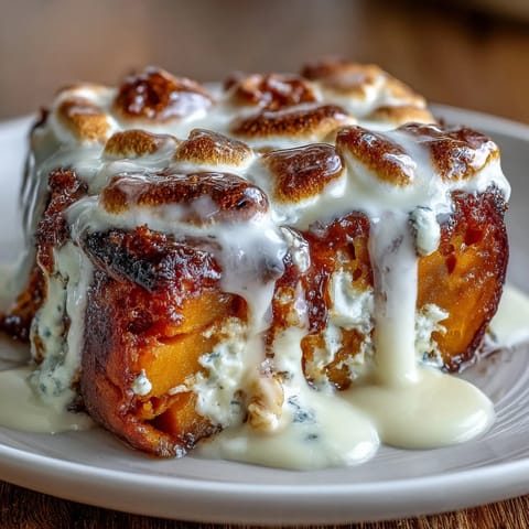 A golden tray of candied yams topped with melted marshmallows and a rich brown sugar glaze.