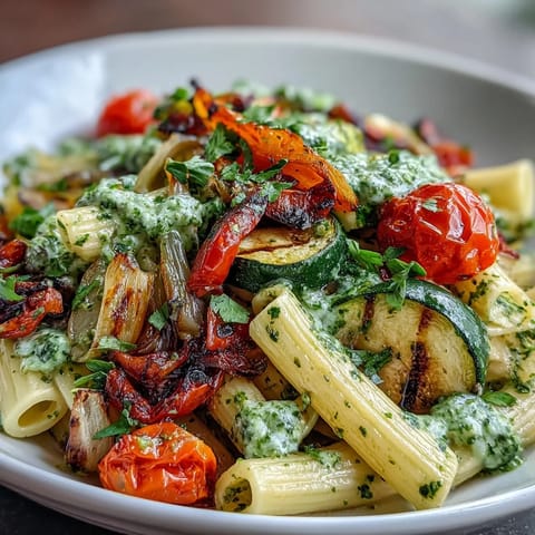 A colorful plate of roasted veggie and pesto pasta with cherry tomatoes, garnished with fresh basil and Parmesan cheese.  