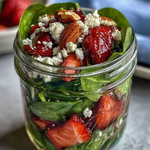 Strawberry and Spinach Mason Jar Salads with Balsamic: Vibrant layers of baby spinach, juicy strawberries, feta, and almonds in a tangy balsamic dressing — ideal for healthy meal prep.