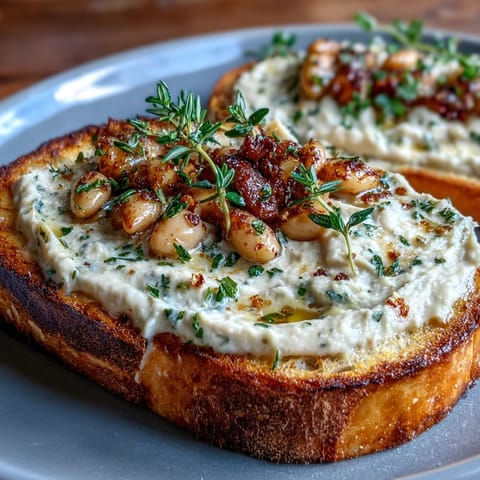 Creamy white bean and roasted garlic spread slathered on crispy sourdough toast, garnished with fresh herbs.  
