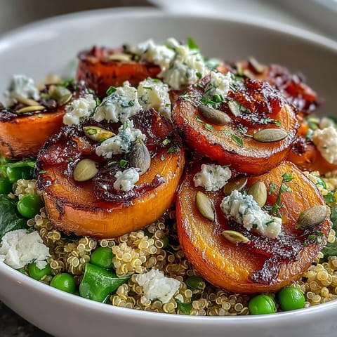 Nutritious quinoa bowl topped with caramelized roasted carrots, sweet peas, and a tangy lemon-Dijon dressing.  