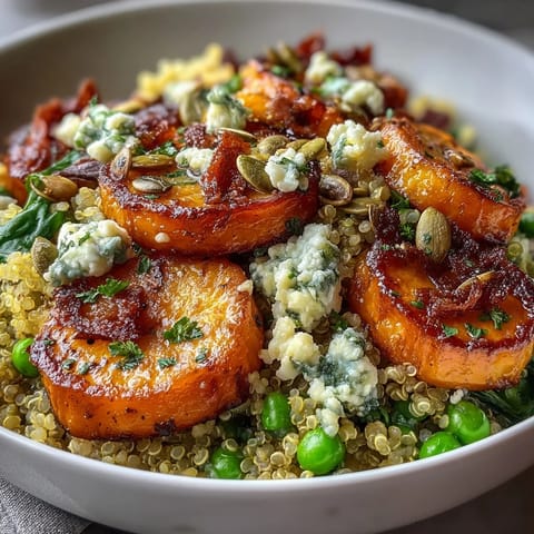 Warm quinoa bowl with roasted carrots and green peas, garnished with parsley and feta cheese.  