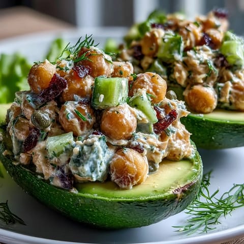 Creamy chickpea tuna salad stuffed into ripe avocado halves, a fresh vegan lunch idea with zesty flavors.  