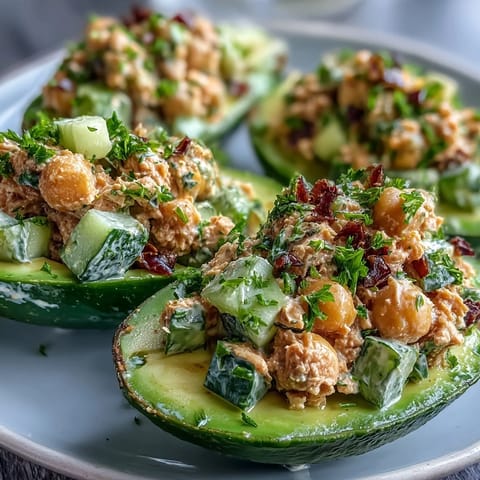 Protein-packed chickpea salad with crunchy celery and pickles, served in buttery avocado halves for a healthy meal.  