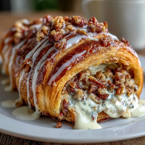 Decadent King Cake stuffed croissants filled with spiced pecan cream and drizzled with festive icing.  