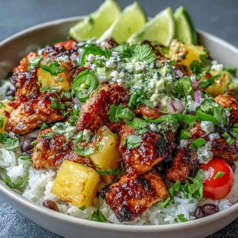 Vibrant chicken pineapple taco bowls with coconut rice, topped with fresh pineapple salsa and creamy avocado slices.  