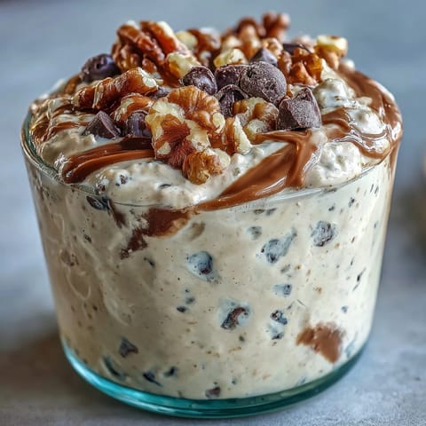 Protein-packed overnight oats with cookie dough flavor, creamy oats mixed with chocolate chips and almond butter for a nutritious breakfast.