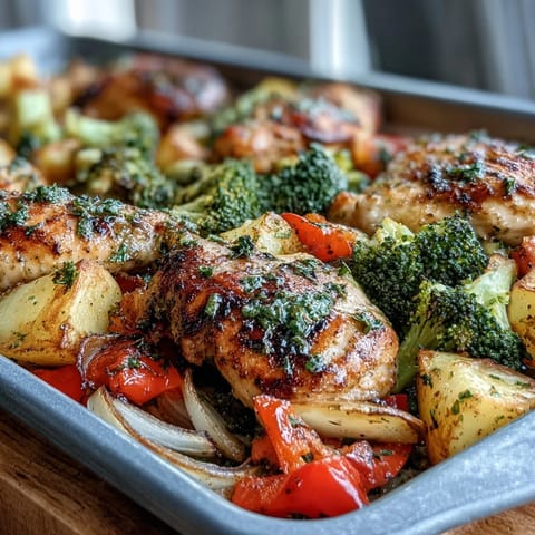 Healthy 5-Ingredient Sheet Pan Chicken and Veggies with tender chicken and vibrant roasted vegetables.  
