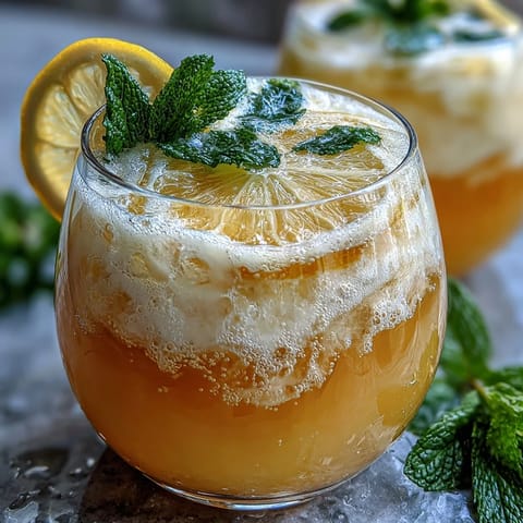 Refreshing limoncello sorbet float with sparkling lemon water and lemon slices in chilled coupe glasses.