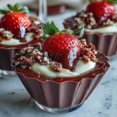 Decadent Dubai Chocolate Strawberry Cups with Lotus Biscoff crumble—fresh berries and creamy filling in rich chocolate shells.