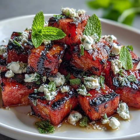 Grilled Watermelon Salad with Feta and Mint features caramelized fruit, creamy cheese, and fresh herbs for a vibrant summer dish.  