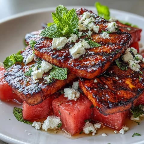 Sweet grilled watermelon, tangy feta, and aromatic mint combine in this easy Mediterranean salad, perfect for warm-weather meals.  