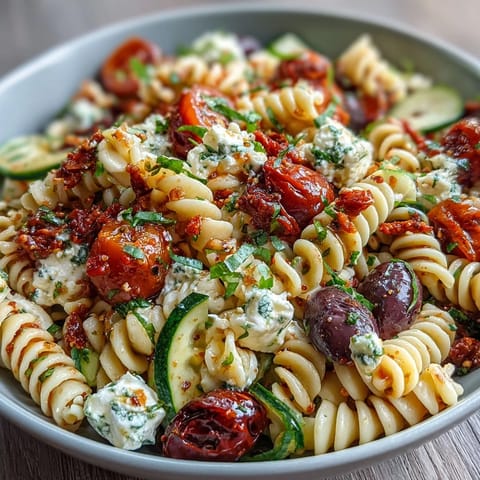 Vibrant picnic pasta salad with Italian dressing, featuring colorful veggies and mozzarella pearls.  