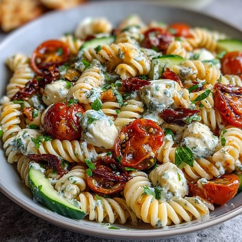 Refreshing summer pasta salad with zesty Italian dressing, crisp vegetables, and fresh herbs.  