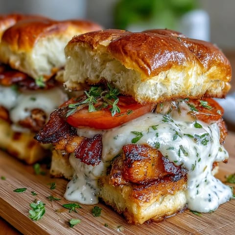 Golden-baked Derby Hot Brown sliders on brioche, featuring melted Gruyère and crispy bacon for a Southern party bite.  