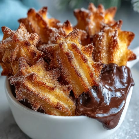 Bite-sized churro bites, golden and crisp, coated in cinnamon sugar, served with a warm, velvety chocolate dipping sauce.