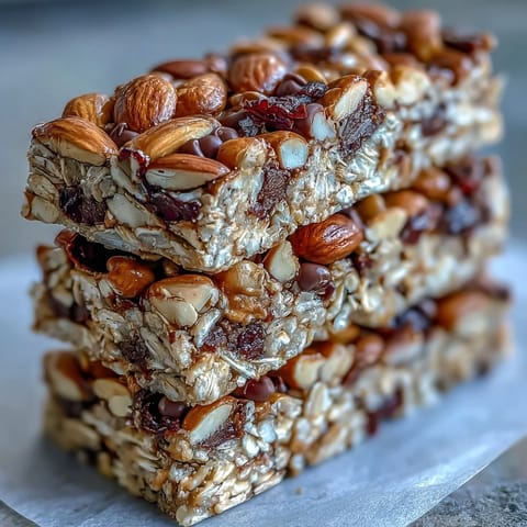 No-Bake Granola Energy Bars with nuts, dried fruit, and oats, perfect for a quick and healthy snack on the go.