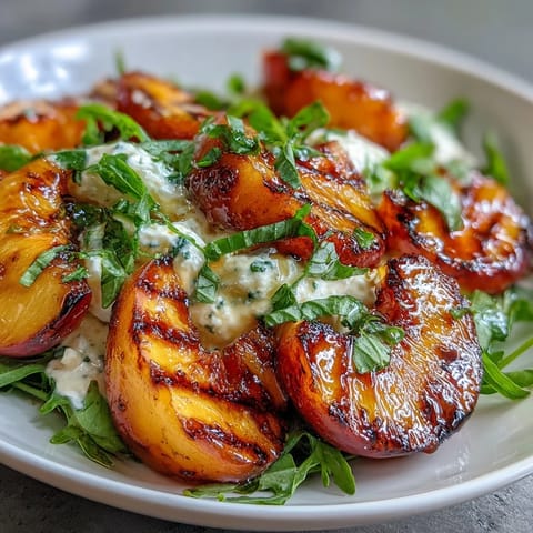 Grilled peach and burrata salad with honey: sweet peaches caramelized on the grill, creamy cheese, and fresh greens drizzled with golden honey.